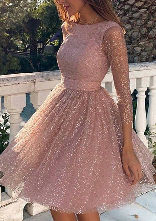 A-Line Scoop Neck Long Sleeve Metallic Yarn Short Homecoming Dress with Glitter-27dress
