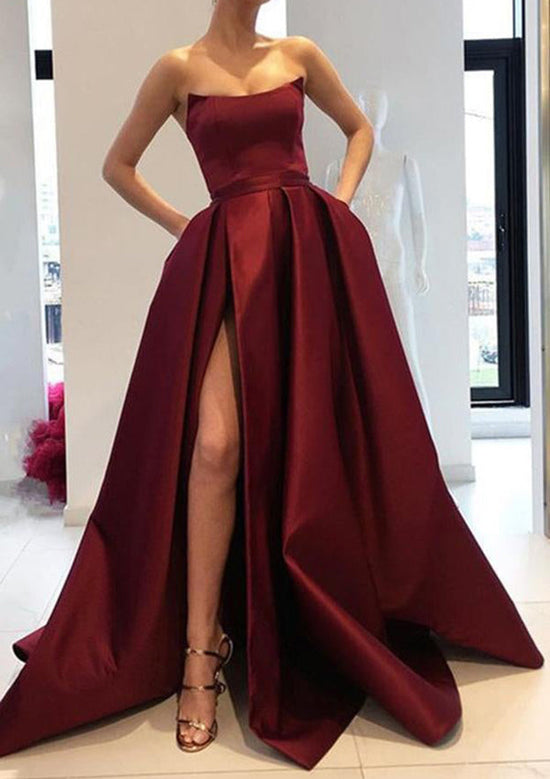 A-Line Square Neckline Long Satin Prom Dress With Pockets Split-27dress