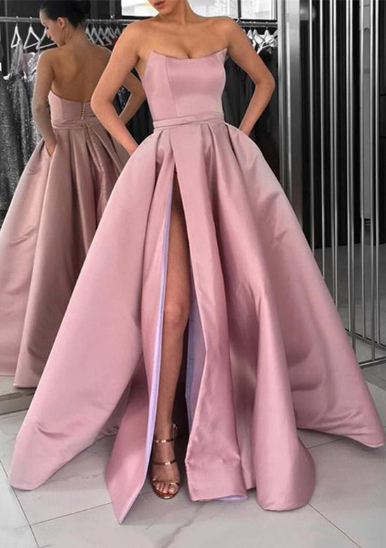 A-Line Square Neckline Long Satin Prom Dress With Pockets Split-27dress
