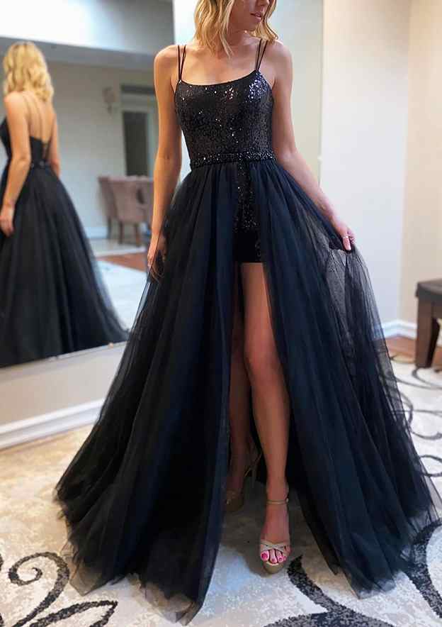 A-Line Square Neckline Prom Dress with Beading Sequins and Split Tulle-27dress