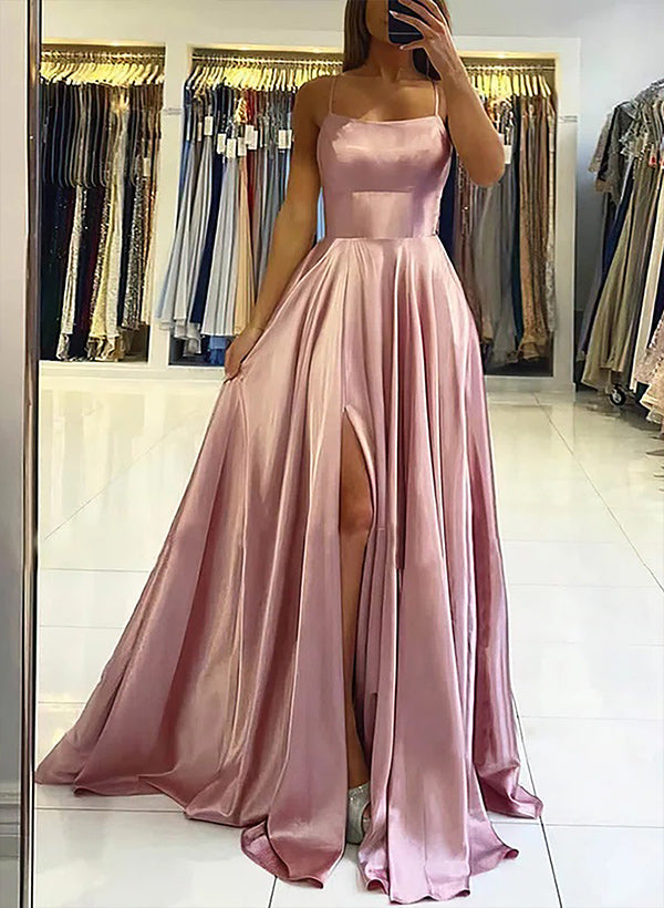 A-line Square Neckline Satin Prom Dress With Pleated Split Front and Sweep Train-27dress
