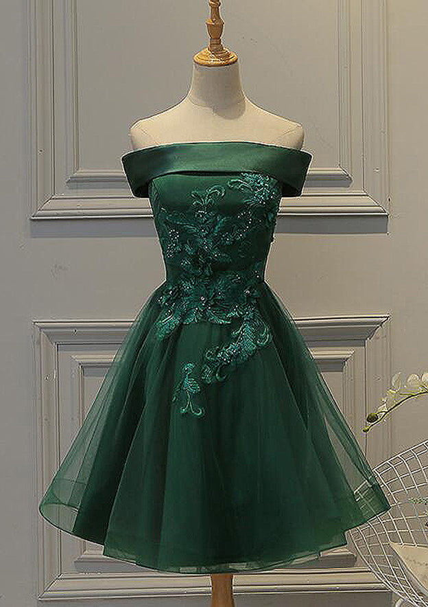 A-line Square Neckline Sleeveless Tulle Satin Short/Mini Homecoming Dress With Appliqued Beading-27dress