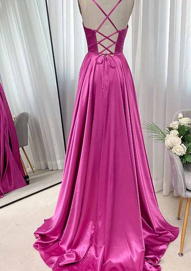 A-line Square Neckline Spaghetti Straps Sweep Train Charmeuse Prom Dress With Pleated-27dress