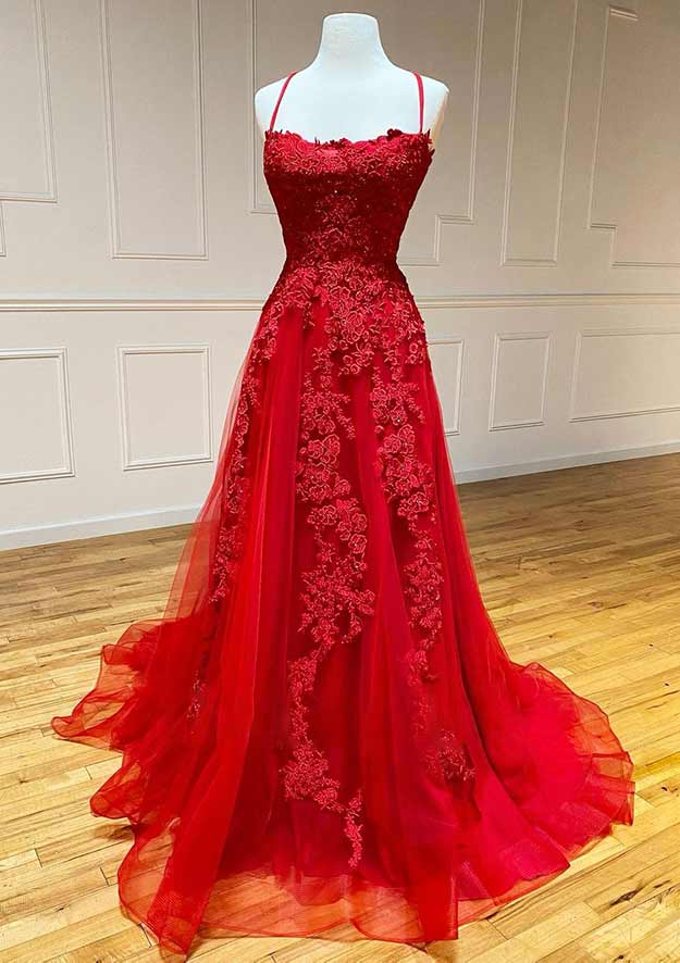 A-line Square Neckline Spaghetti Straps Tulle Prom Dress with Appliqued Beading and Court Train-27dress