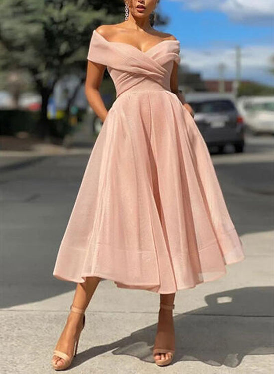 Load image into Gallery viewer, A-Line Strapless Short Sleeve Tea-Length Organza Prom Dress-27dress

