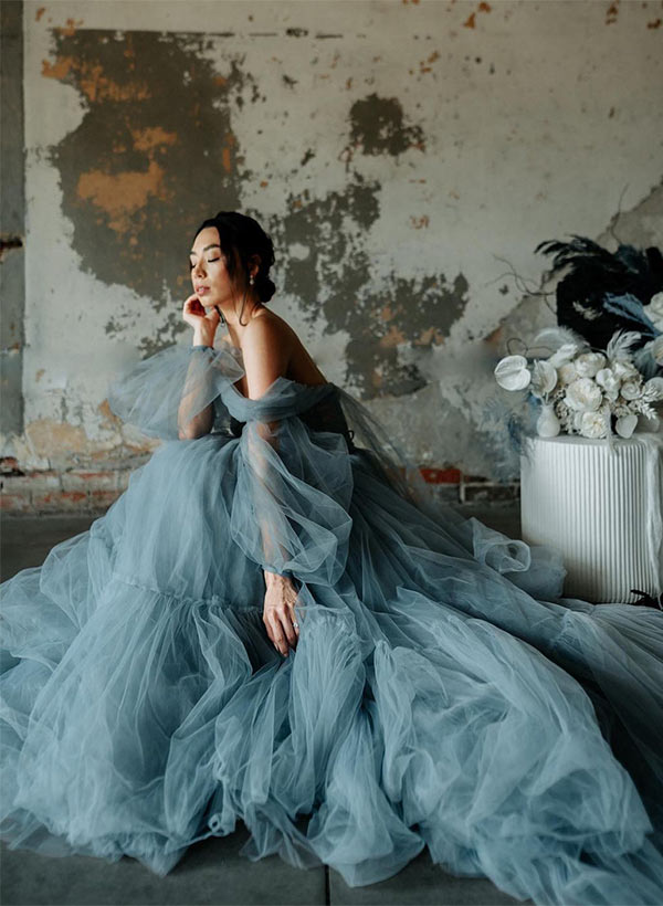 Long A-Line Off-the-shoulder Tulle Prom Dress with Long Sleeves 27dress Long A-Line Off-the-shoulder Tulle Prom Dress with Long Sleeves 27dress