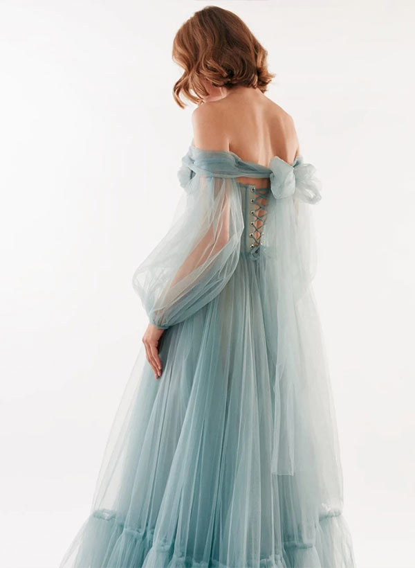 Long A-Line Off-the-shoulder Tulle Prom Dress with Long Sleeves 27dress Long A-Line Off-the-shoulder Tulle Prom Dress with Long Sleeves 27dress