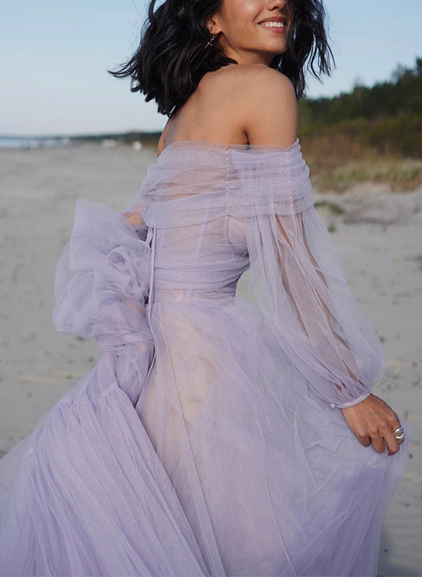 Long A-Line Off-the-shoulder Tulle Prom Dress with Long Sleeves 27dress Long A-Line Off-the-shoulder Tulle Prom Dress with Long Sleeves 27dress