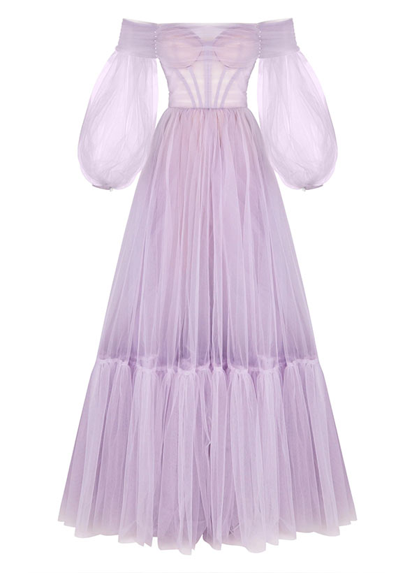 Long A-Line Off-the-shoulder Tulle Prom Dress with Long Sleeves 27dress Long A-Line Off-the-shoulder Tulle Prom Dress with Long Sleeves 27dress
