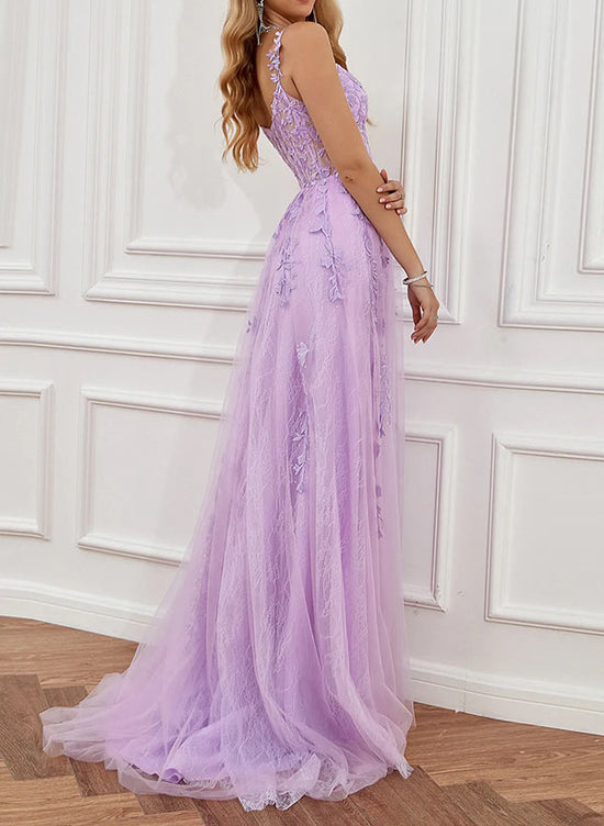Load image into Gallery viewer, A-Line Sweetheart Floor-Length Tulle Prom Dress with Lace Split Front-27dress
