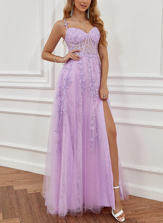 Load image into Gallery viewer, A-Line Sweetheart Floor-Length Tulle Prom Dress with Lace Split Front-27dress
