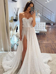 A-Line Sweetheart Glitter Sweep Train Wedding Dress with Split Front