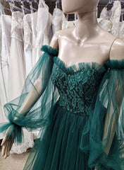 A-Line Sweetheart Long Sleeves Tulle Floor-Length Prom Dress With Pleated-27dress