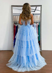 A-line Sweetheart Sleeveless Tulle Prom Dress with Appliqued Ruffles and Sweep Train-27dress