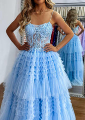 A-line Sweetheart Sleeveless Tulle Prom Dress with Appliqued Ruffles and Sweep Train-27dress