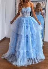A-line Sweetheart Sleeveless Tulle Prom Dress with Appliqued Ruffles and Sweep Train-27dress