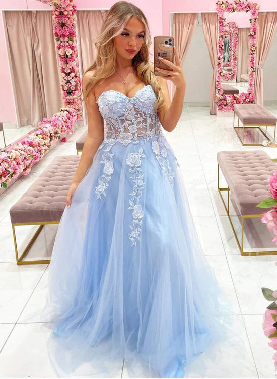 A-Line Sweetheart Sleeveless Tulle Prom Dress With Lace Sweep Train-27dress
