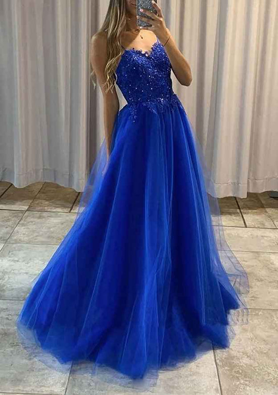 A-line Sweetheart Spaghetti Straps Long Prom Dress with Beaded Appliques-27dress