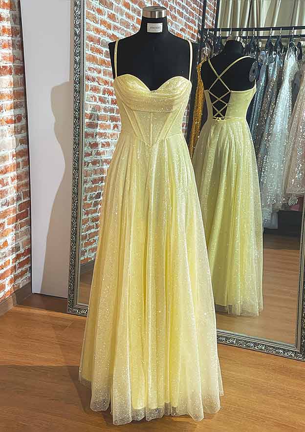 Load image into Gallery viewer, A-line Sweetheart Spaghetti Straps Long/Floor-Length Tulle Prom Dress With Pleated Glitter-27dress
