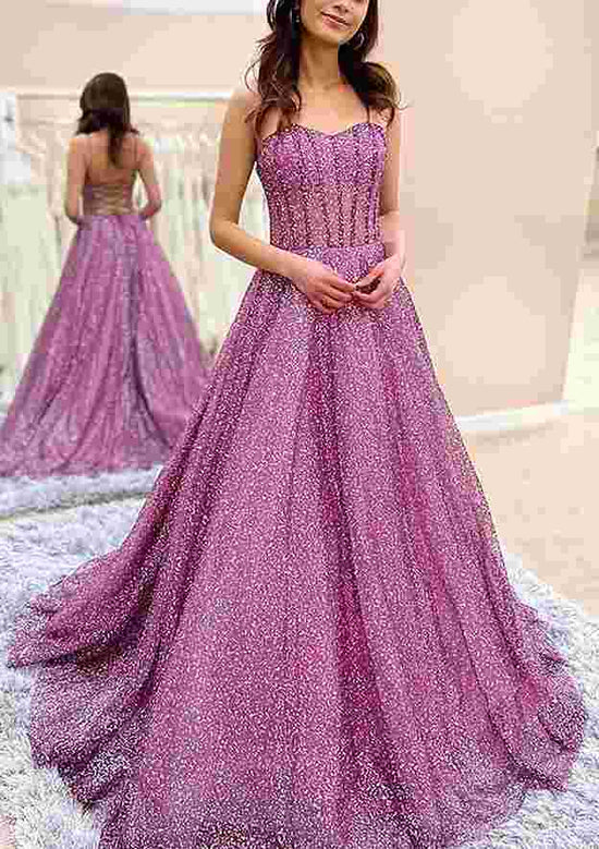 Load image into Gallery viewer, A-line Sweetheart Spaghetti Straps Prom Dress with Sweep Train Tulle-27dress
