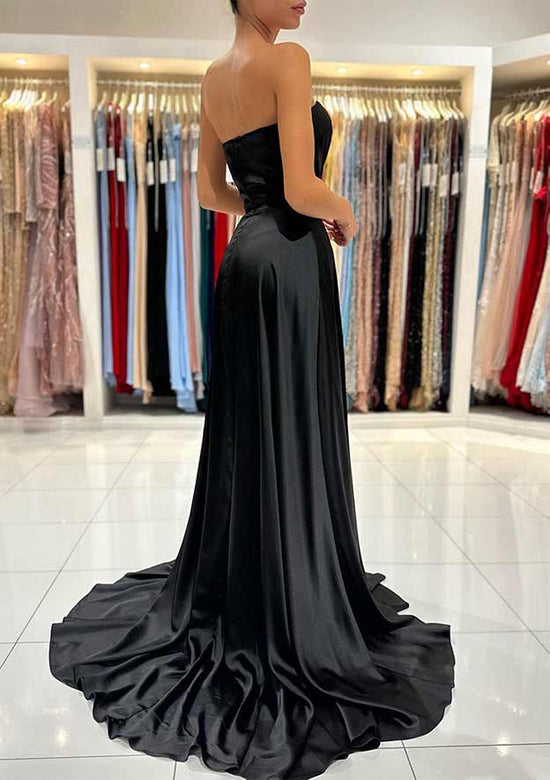 A-line Sweetheart Strapless Charmeuse Prom Dress with Pleated Split and Sweep Train-27dress