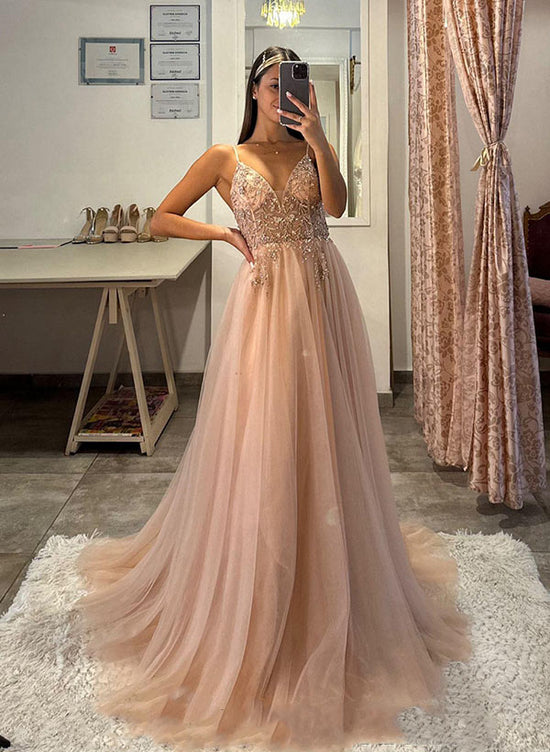 A-Line Tulle Long Prom Dress With Appliques Lace-27dress