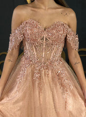 A-Line Tulle Prom Dress With Appliques Lace and Off-the-Shoulder Styling-27dress