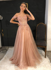 A-Line Tulle Prom Dress With Appliques Lace and Off-the-Shoulder Styling-27dress