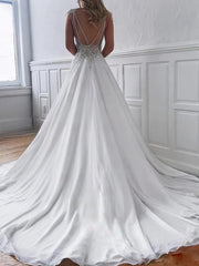 A-line V-neck Chiffon Court Train Wedding Dress With Beading