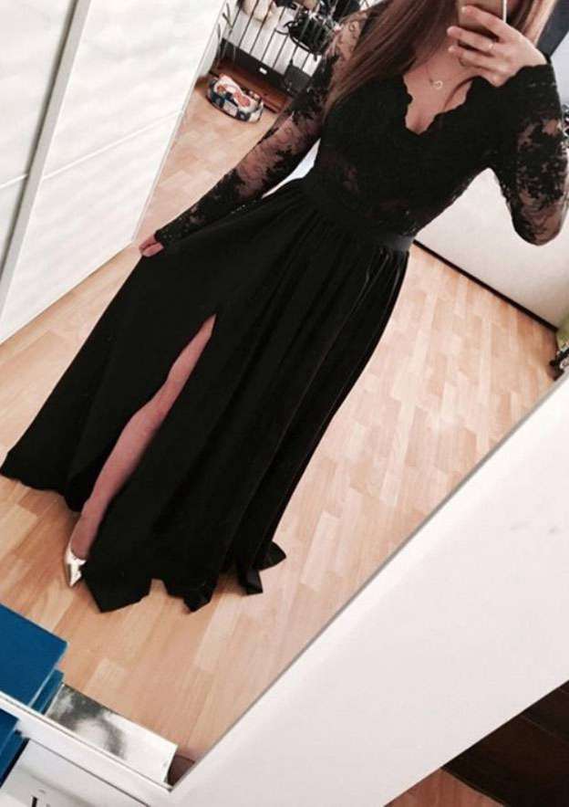 A-Line V Neck Chiffon Prom Dress With Split Lace and Floor-Length Hem-27dress