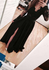 A-Line V Neck Chiffon Prom Dress With Split Lace and Floor-Length Hem-27dress