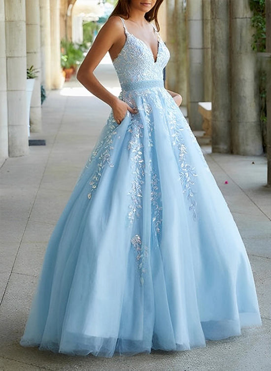 A-Line V-Neck Floor-Length Tulle Blue Prom Dress with Sequins-27dress
