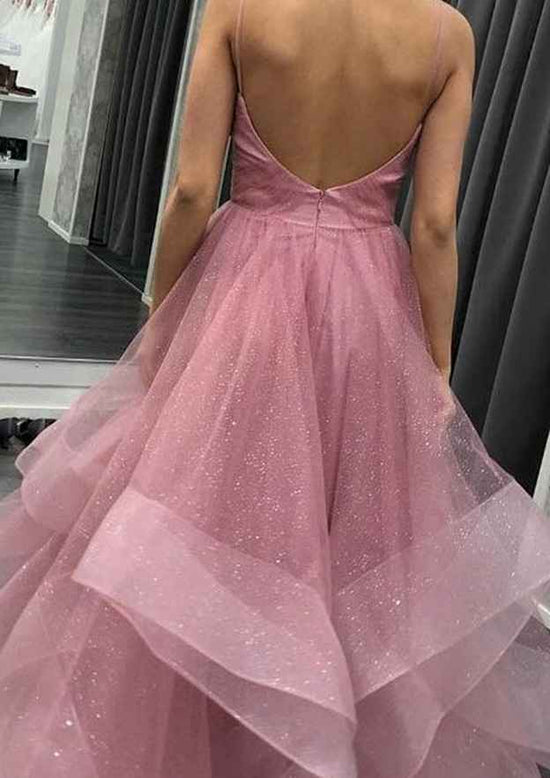 A-line V Neck Glitter Pleated Long Tulle Prom Dress-27dress