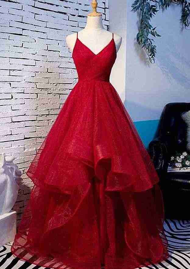 A-line V Neck Glitter Pleated Long Tulle Prom Dress-27dress