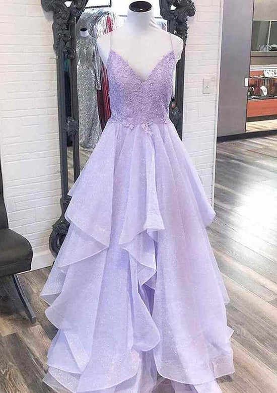 A-line V Neck Glitter Prom Dress with Ruffles and Spaghetti Straps-27dress