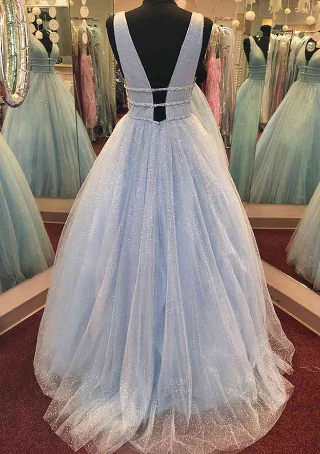 Load image into Gallery viewer, A-line V Neck GlitterProm Dress with Beading and Long Floor-Length Tulle-27dress

