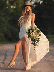A-line V-neck Lace Sweep Train Wedding Dresses With Split Front
