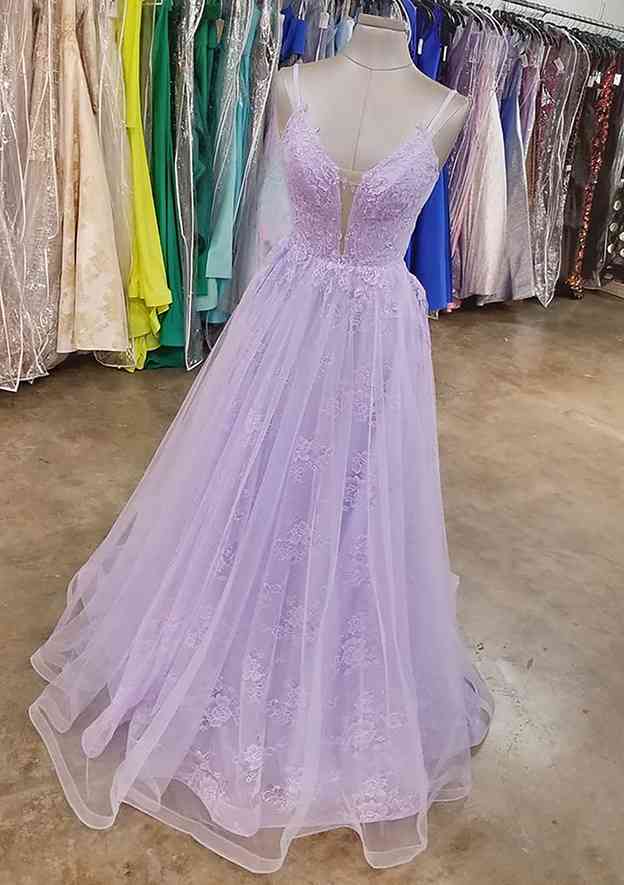 A-line V Neck Long Lace Tulle Prom Dress-27dress