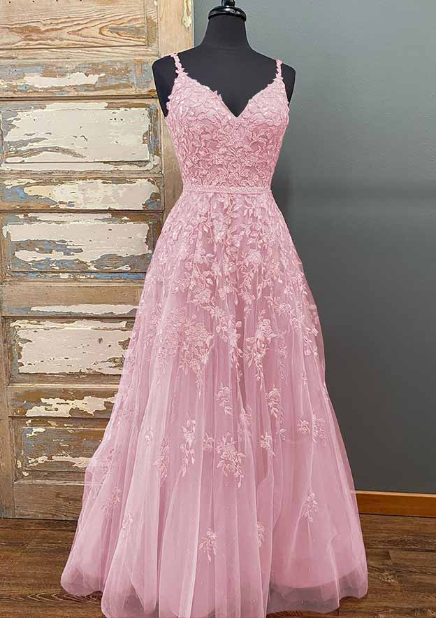 A-Line V Neck Long Tulle Prom Dress with Beading Sequins and Pockets-27dress