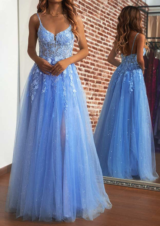 Load image into Gallery viewer, A-line V Neck Long/Floor-Length Tulle Prom Dress with Split Glitter Sparkles-27dress
