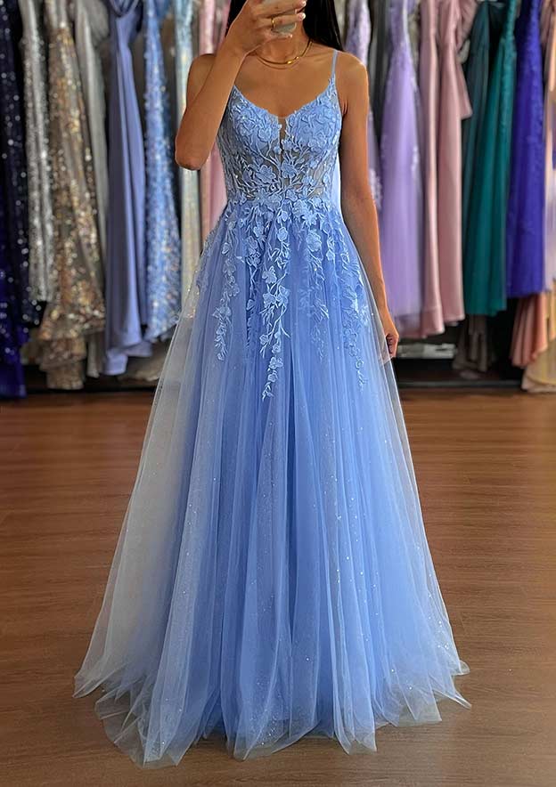 A-line V Neck Long/Floor-Length Tulle Prom Dress with Split Glitter Sparkles-27dress