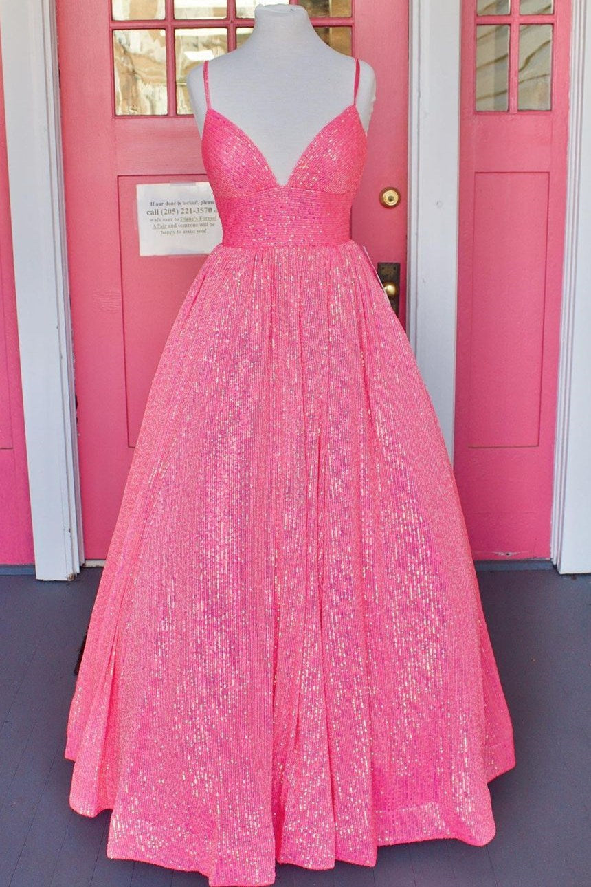 A Line V Neck Prom Dress Spaghetti Strap Sparkle With Appliques