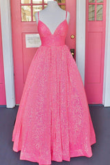 A Line V Neck Prom Dress Spaghetti Strap Sparkle With Appliques