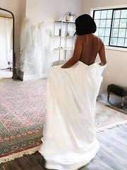 A-line V-Neck Satin Sweep Train Wedding Dress With Pockets