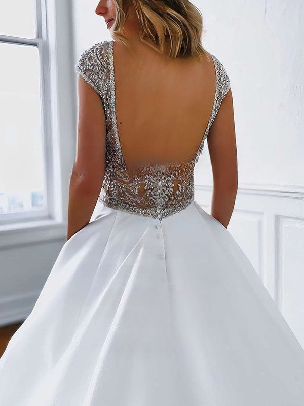 A-line V-neck Satin Wedding Dresses with Beading and Court Train