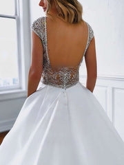 A-line V-neck Satin Wedding Dresses with Beading and Court Train