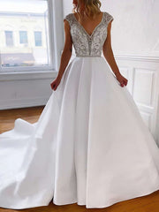 A-line V-neck Satin Wedding Dresses with Beading and Court Train