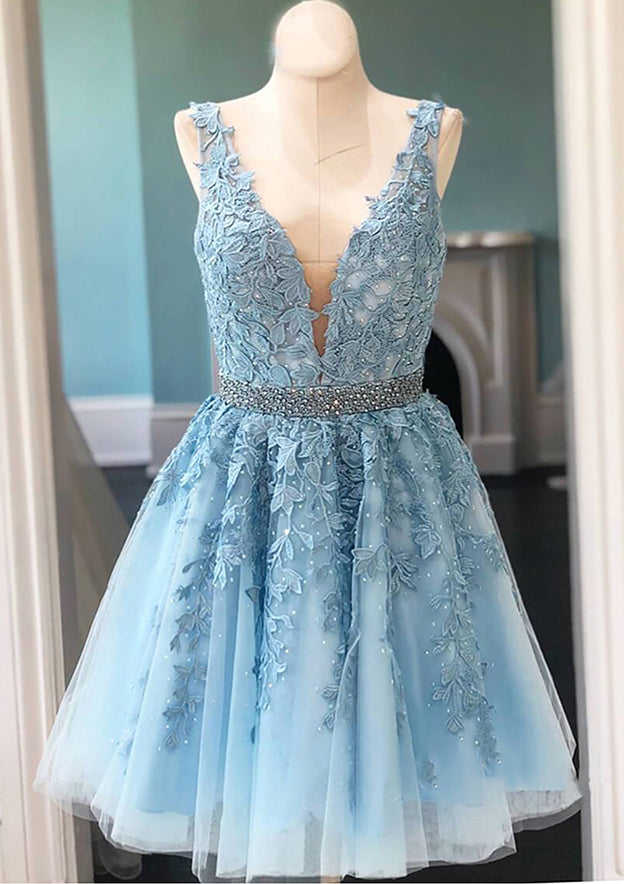 A-Line V-Neck Sleeveless Lace Tulle Homecoming Dress with Appliqued Beading - 27Dress
