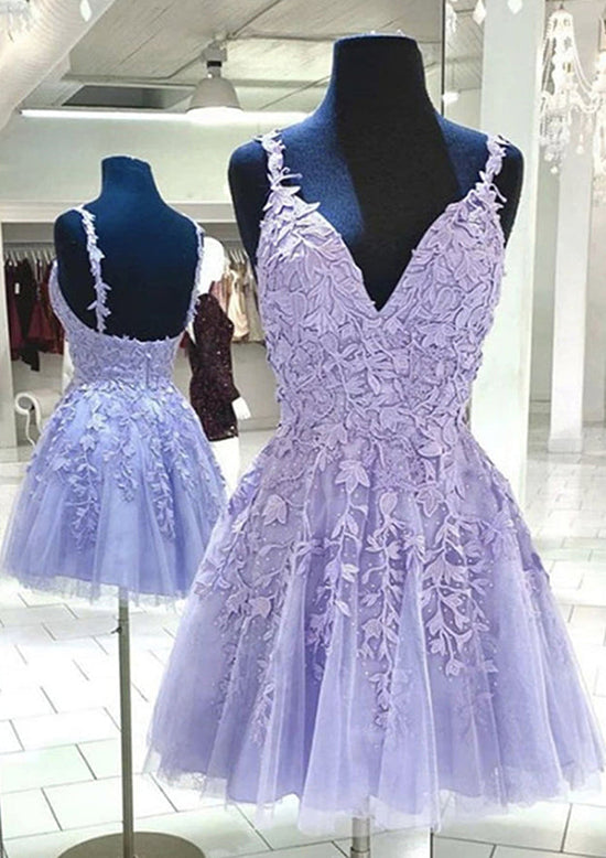 A-Line V-Neck Sleeveless Lace Tulle Short/Mini Homecoming Dress with Appliqued Beading-27dress