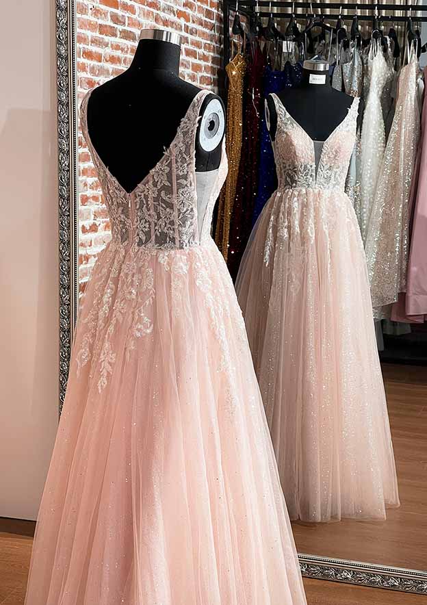 A-line V Neck Sleeveless Long Prom Dress With Glitter Appliques-27dress